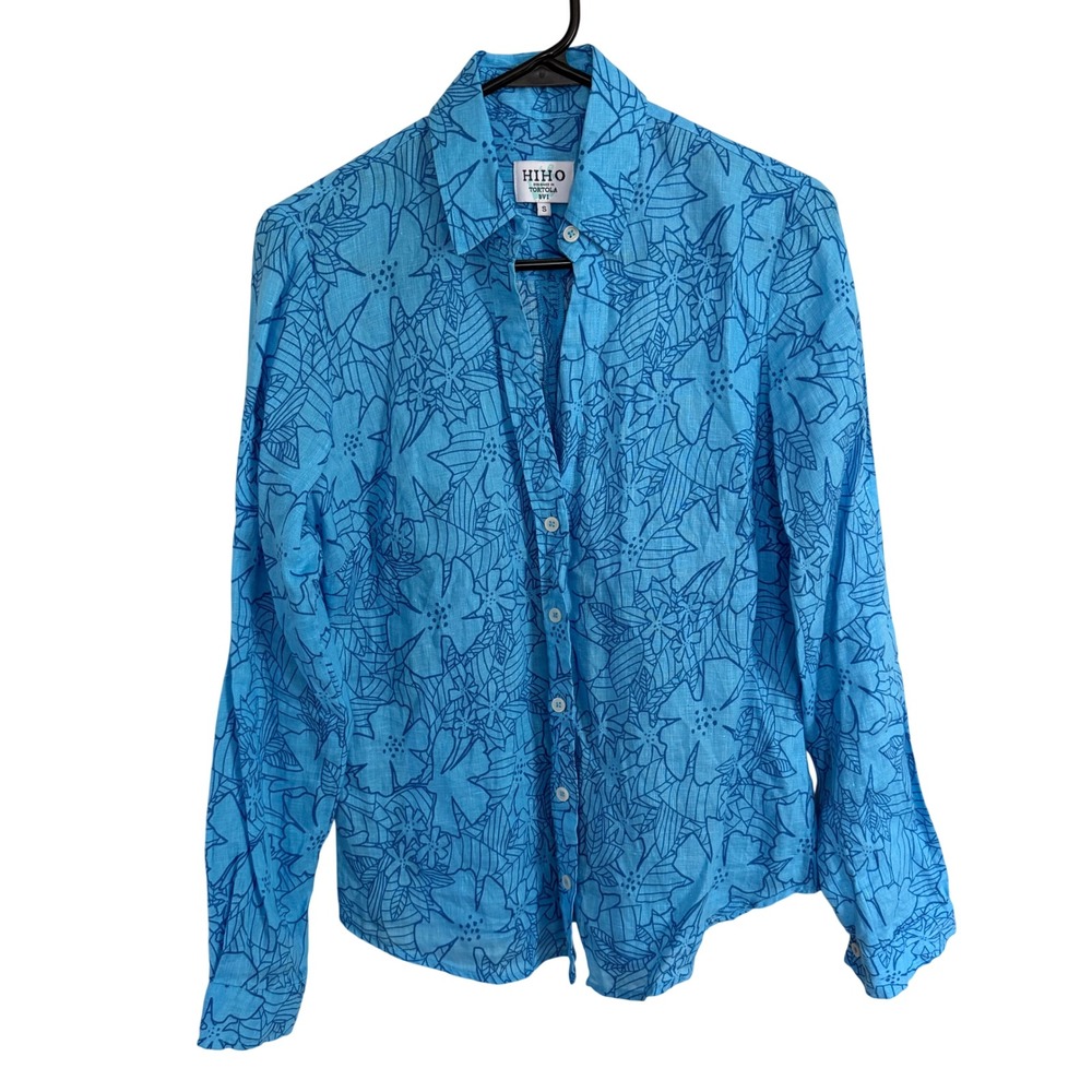 HIHO Blue Tropical Floral Linen Button Down Shirt Long Sleeve Womens Small